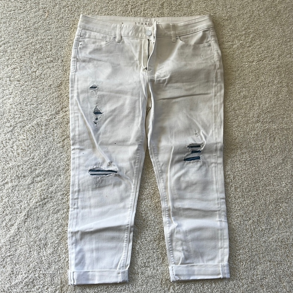 White House Black Market White Denim Capris with Ripped embellishments